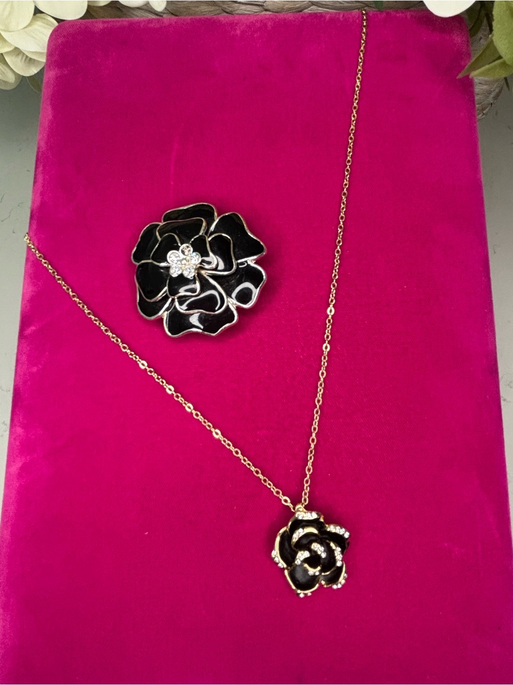 Black and Gold Enamel Rose Necklace and Silver tone black flower Brooch Set